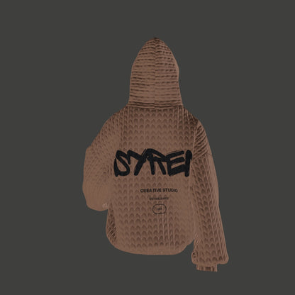 3D model of SYREN 1.0 oversized hoodie showing design.
